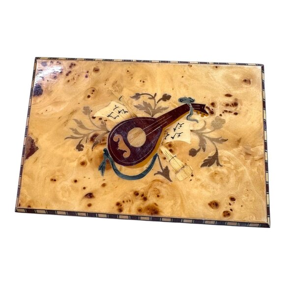 Vtg Italy Inlaid Music Box Swiss Thorens Movement Jaccard Mandolin Notes Burl - Picture 2 of 11
